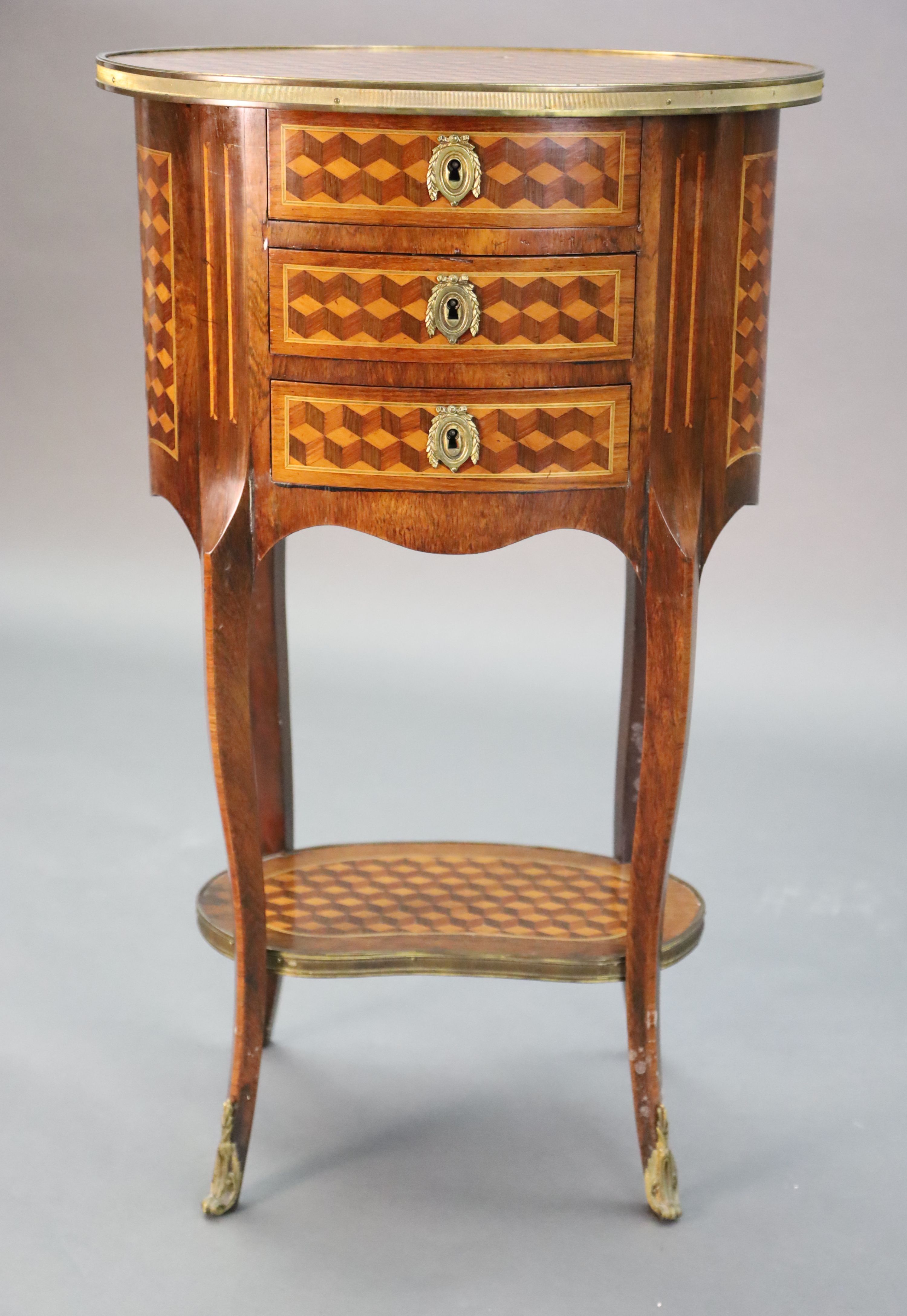 A late 19th century French Louis XV style kingwood, parquetry and ormolu mounted side table, width 49cm, depth 35cm, height 81cm